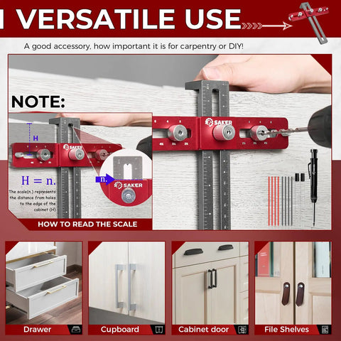 Kickass Aluminum Cabinet Hardware Drill Jig Pretty Damn Precise Handle Doweling Template for Smooth Custom Installations with scale and drill bits.