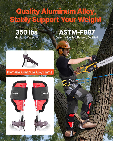 Arborist using Height Adjustable Tree Climbing Spikes Set With Straps And Protectors, Pro Grade Lightweight Aluminum Spurs on tree.