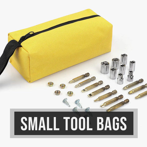 Yellow pouch from Rugged Five Pack Tool Pouches Set With 1680D Waterproof Fabric, tools displayed, ideal for sorting and storage