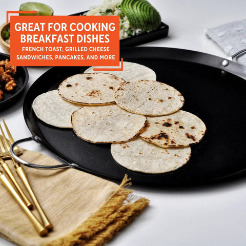 13.5 Inch Carbon Steel Nonstick Round Comal With Metal Handles Durable Black Pan For Tortillas Searing And Everyday Cooking