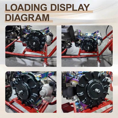 Various angles of Heavy Duty 6061 T6 Billet Aluminum Flywheel for Predator 212cc Hemi Engines on a go-kart engine.