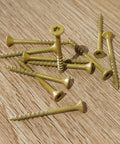 Heavy Duty Built To Last 5 Inch No 10 Exterior Wood Deck Screws Epoxy Coated For Pressure Treated Lumber And Timber Framing scattered on wood