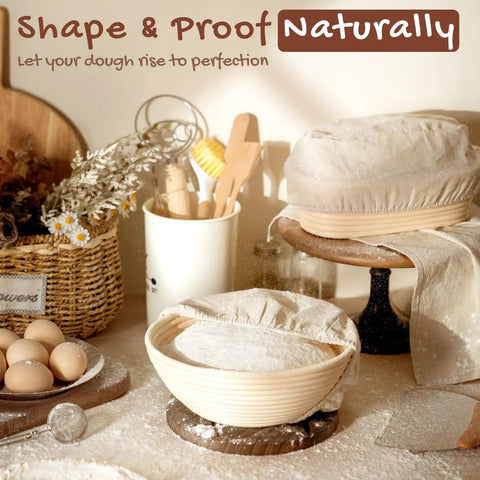 All In One Sourdough Starter Kit With Round And Oval Banneton Baskets Bread Sling Starter Jar Dough Whisk Scrapers Stencils Cooling Rack Bags And More For Easy Pro Level Home Bread Baking with natural proofing scene