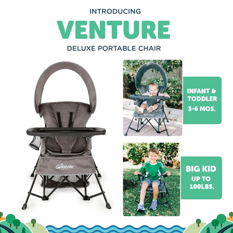 Go With Me Venture Portable Toddler Chair On The Go With Sun Canopy For Indoor And Outdoor Use, Folds Flat In Carry Bag, Grey.