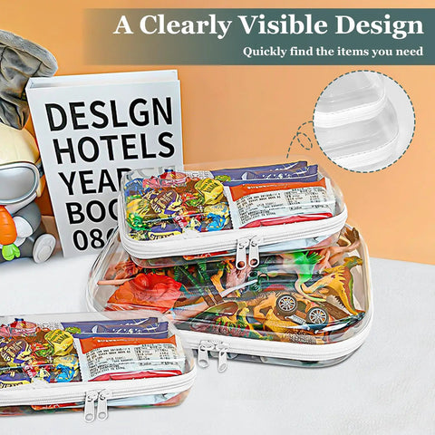 Clear Hard Shell Zipper Cases Set Of Three 2 Small And 1 Medium Durable PET Plastic Pencil Case And Diaper Bag Organizer with candies inside