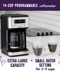 14 Cup Programmable Coffee Maker In Stainless Steel With 1 To 4 Cup Small Batch Setting And Grab A Cup Auto Pause shown on kitchen counter