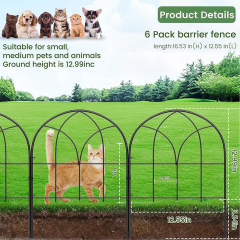 No Dig Black Metal Garden Fence Panels Six Pack Decorative Border For Yard And Flower Beds Dog Fence Outdoor Edging Easy Setup Built Tough Rust Proof Wire, shown with cat behind for scale