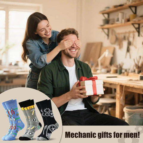 Happy man receiving Three Pack Mechanical Engineering Socks Gift Set For Gearhead Men And Techy Dads with festive packaging.