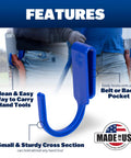 Workhorse Tool Hook And Trowel Hanger A Dependable Hand Tool Carrier that clips onto a belt, blue heavy-duty hook for easy access.
