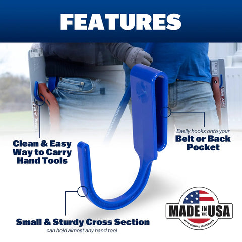 Workhorse Tool Hook And Trowel Hanger A Dependable Hand Tool Carrier that clips onto a belt, blue heavy-duty hook for easy access.