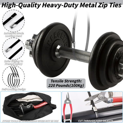 Heavy Duty Metal Zip Ties Kit With Gun Tool And Cutter 400 Pieces Of 6 8 And 12 Inch Self Locking Cable Ties around dumbbell