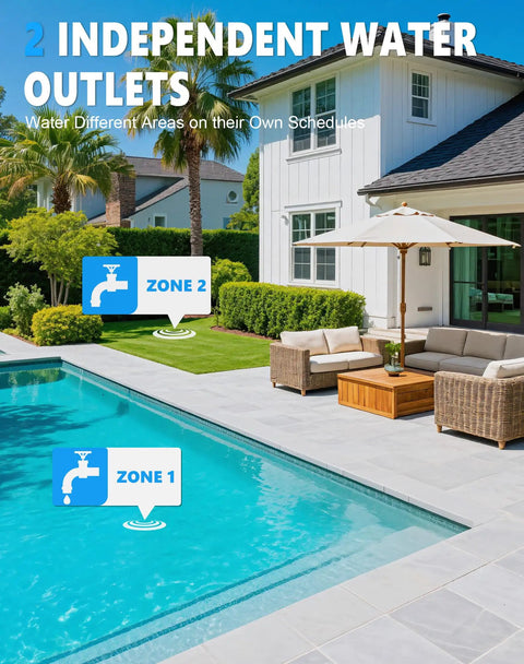 Backyard pool with 2 Zone WiFi Sprinkler Timer With App Control, Bluetooth hose timers for outdoor garden and lawn.