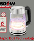 1.7L Electric Kettle For Tea And Water With Borosilicate Glass Body And Stainless Steel Water Path, No Plastic, BPA Free