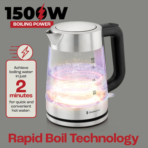 1.7L Electric Kettle For Tea And Water With Borosilicate Glass Body And Stainless Steel Water Path, No Plastic, BPA Free