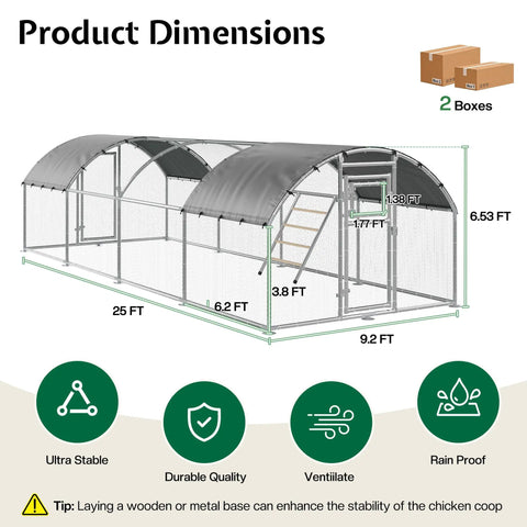 Diagram showing 26 By 10 Ft Extra Large Walk In Chicken Coop With Dome Roof, dimensions, and features like doors and roosting ladder.