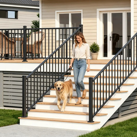 No Sweat Diy Black Aluminum Deck Railing Kit With Clip On Installation Heavy Duty 36 Inch High 8 Foot Wide Outdoor Porch Fence Panels For Backyard Privacy And Style with a woman and dog on steps.