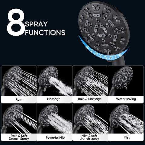 8 Setting Handheld Shower Head Set With Detachable Heads 5 Ft Stainless Steel Hose Brass Swivel Bracket Matte Black Spa Like Rainfall To Massage Sprays For The Whole Fam showcasing different spray modes