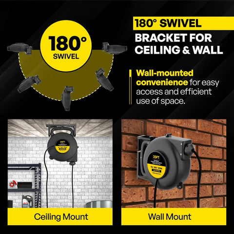 Go-To Retractable Extension Cord Reel With Light Indicator, 25 ft 14 Gauge Wire, wall-mounted on ceiling and brick wall.