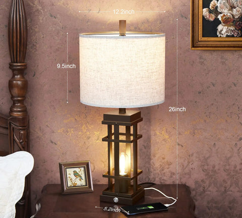 Farmhouse Table Lamps Set With USB Ports And Touch Dimmers, 26 Inch Tall Bedside Lamps shown in living room setting