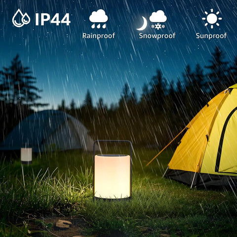 Solar Lantern LED Outdoor Cordless Table Lamp With IP44 Waterproof Metal Frame RGB And Warm White Lighting in rainy campsite