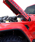 Hood Quicklift Kit For Jeep Wrangler JL 2018 And Gladiator 2020 Plus Aluminum Hood Support System installed on red Jeep Gladiator.