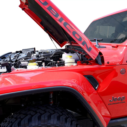 Hood Quicklift Kit For Jeep Wrangler JL 2018 And Gladiator 2020 Plus Aluminum Hood Support System installed on red Jeep Gladiator.