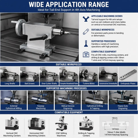 Solid Build Lathe Tailstock With Mt3 Taper And Rotary Live Center 40mm Stroke 40Cr Spindle Side Lock Clamp For Cnc Machining Shop shown in 4th axis setup.
