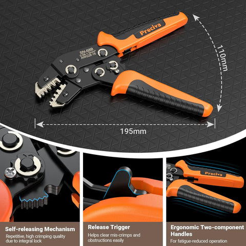 Five-In-One Pro-Grade Wire Crimp Tool Kit For AWG 28-16 Dupont And Spade Connectors with ergonomic handle and release trigger