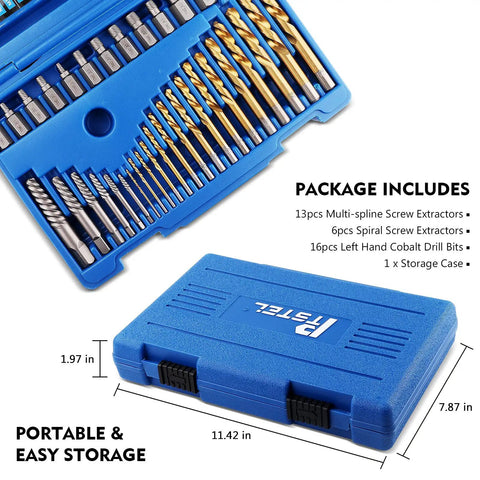 35 Pc Drill Bit Set With Multi Spline Bolt Extractors And Left Hand Cobalt Drill Bits In Blue, blue portable storage case