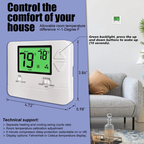 No Frills Manual Thermostat For Home With 1 Heat 1 Cool Non Programmable Control Green Backlight Easy Dial Temperature Adjustment Ideal For Conventional Systems And Simple Climate Comfort displayed in a living room setting.