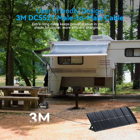 Ultra Lightweight 6 Lb 100W Portable Solar Panel Foldable with Handy Handle in use beside RV, charging station in shade.