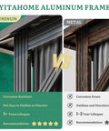 Comparison of aluminum versus metal frames showing corrosion resistance and lifespan details in a table layout.