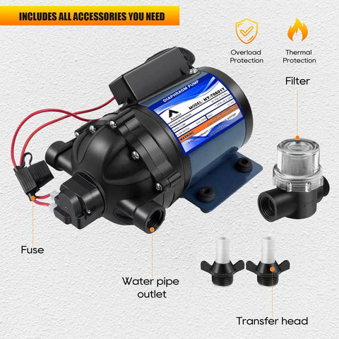 Quiet Yet Powerful 12V Water Pump For RVs Boats And Yachts Delivers 7 GPM At 60 PSI Diaphragm Pump With Half Inch FNPT Inlet Includes Filter