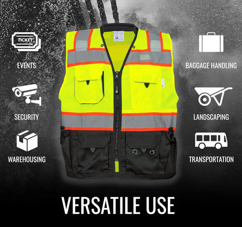 High Viz Safety Vest Lightweight Yet Durable With Reflective Tape Nine Pockets For Construction Transportation Running Cycling Hunting Yellow Green Black Large