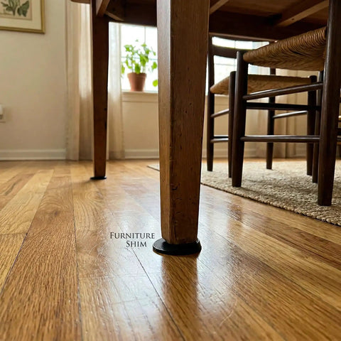 Twenty Pack Rubber Leveling Shims Anti Wobble Furniture Levelers under a wooden table leg on hardwood floor.