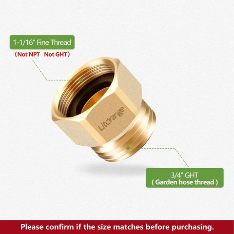 Lead Free Hose Bib Adapter With Backflow Preventer, 1-1/16 Inch Fine Thread Female To 3/4 Inch GHT Male, gold brass