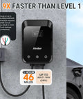 Hardwired Level 2 EV Charger 48A 240V with 25ft cable, black unit on wall, car charging, 9x faster, monitoring app feature visible
