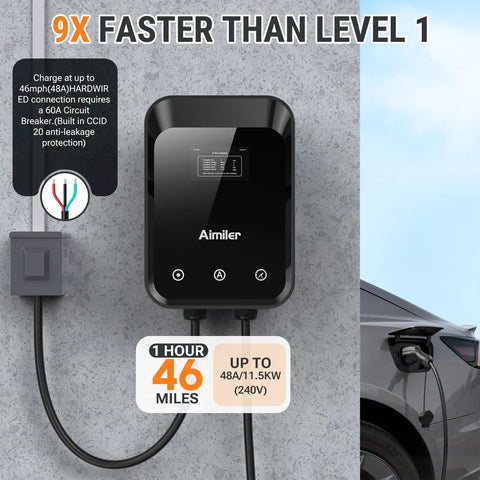 Hardwired Level 2 EV Charger 48A 240V with 25ft cable, black unit on wall, car charging, 9x faster, monitoring app feature visible