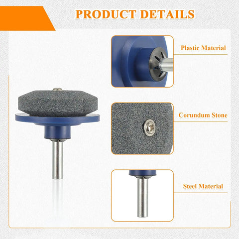 Drill Powered Lawn Mower Blade Sharpener Kit Pack Of 3 showing plastic, corundum stone, and steel materials in close-up.