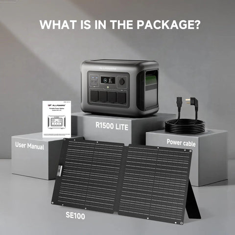 R1500 LITE Solar Generator with 1056Wh LiFePO4 Battery and 100W Foldable Solar Panel, power cable, and user manual