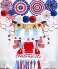 Patriotic Decorations Bundle for Veterans Day and Fourth of July, Red White Blue Paper Fans and Poms, USA Flags, Love USA Banner, Star Streamers on wall and table setup