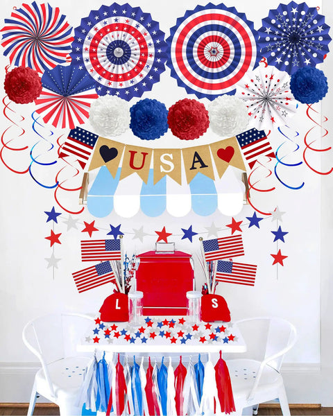 Patriotic Decorations Bundle for Veterans Day and Fourth of July, Red White Blue Paper Fans and Poms, USA Flags, Love USA Banner, Star Streamers on wall and table setup