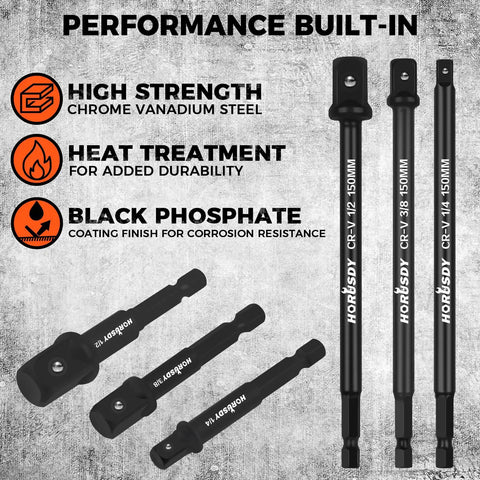Heavy Duty Impact Socket Adapters Set For Drills In One Quarter Inch Hex Shank And Three Eighths Inch And One Half Inch Sizes, CRV Steel