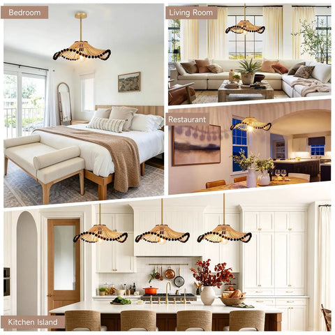 Hodevimall 19.6" Boho Rattan Pendant Light Fixture in bedroom, living room, restaurant, and kitchen island settings.