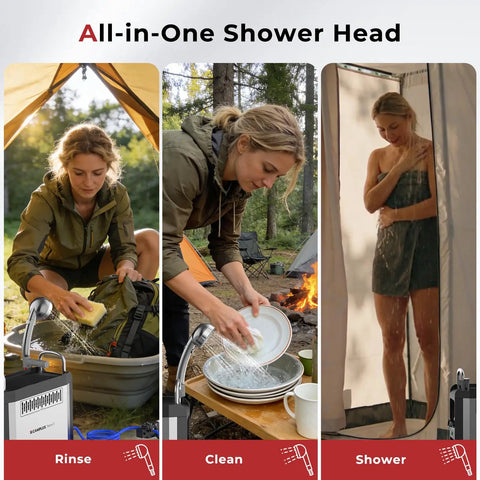 Woman using Portable Propane Water Heater For Camping And RV Shower With Pump Kit Lightweight Two D Battery Powered Built In Safety For Hiking Overlanding And Outdoor Adventures Anywhere to rinse, clean, and shower outdoors.
