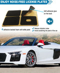 Noise-free license plate pads shown with adhesive foam and sports car, enhancing noise reduction and scratch protection