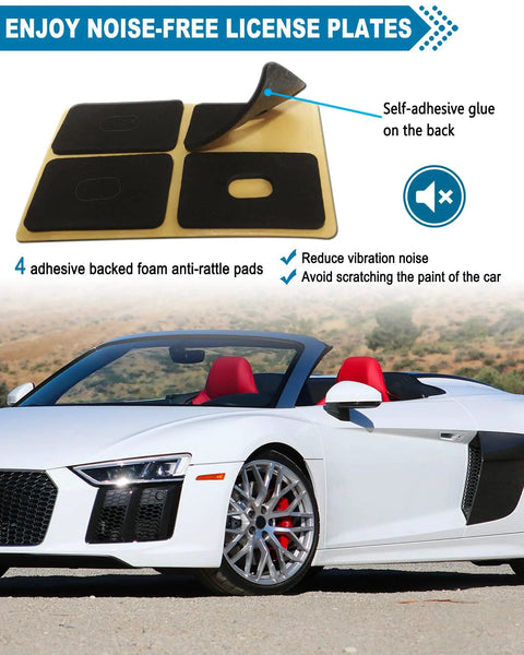 Noise-free license plate pads shown with adhesive foam and sports car, enhancing noise reduction and scratch protection
