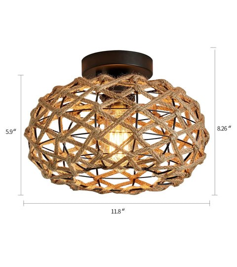 Dope Boho Semi Flush Mount Ceiling Light With Woven Hemp Rope Cage And Rattan Wicker Rustic Charm, 11.8x8.26 inches fixture
