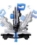Heavy Duty Pro Grade Sliding Compound Miter Saw With 12 Inch 80 Tooth Blade And 15 Amp Motor shows dual bevel angles at 45 degrees.