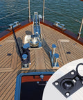Flush Ring Pull Stainless Steel Boat Hatch Latch And Cabinet Flush Mount Lifting Ring Pull Handle Black Two Pack Includes Screws shown on a deck.